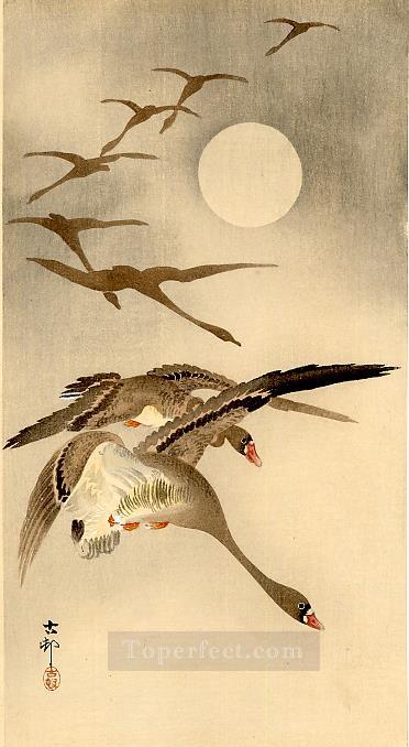 eight white fronted geese in flight full moon behind Ohara Koson Shin hanga Oil Paintings